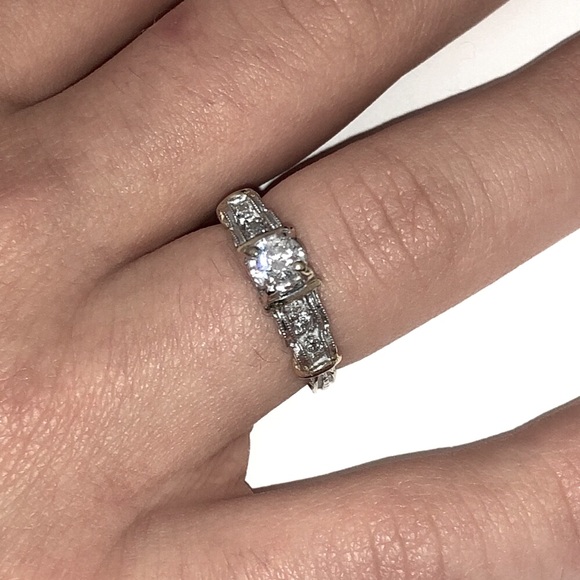 Solid 14K White Yellow Gold Natural Diamond Antique Engagement Ring - Picture 9 of 17